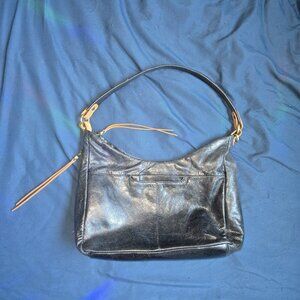 Black Leather Tassel Hobo Bag with Gold Hardware